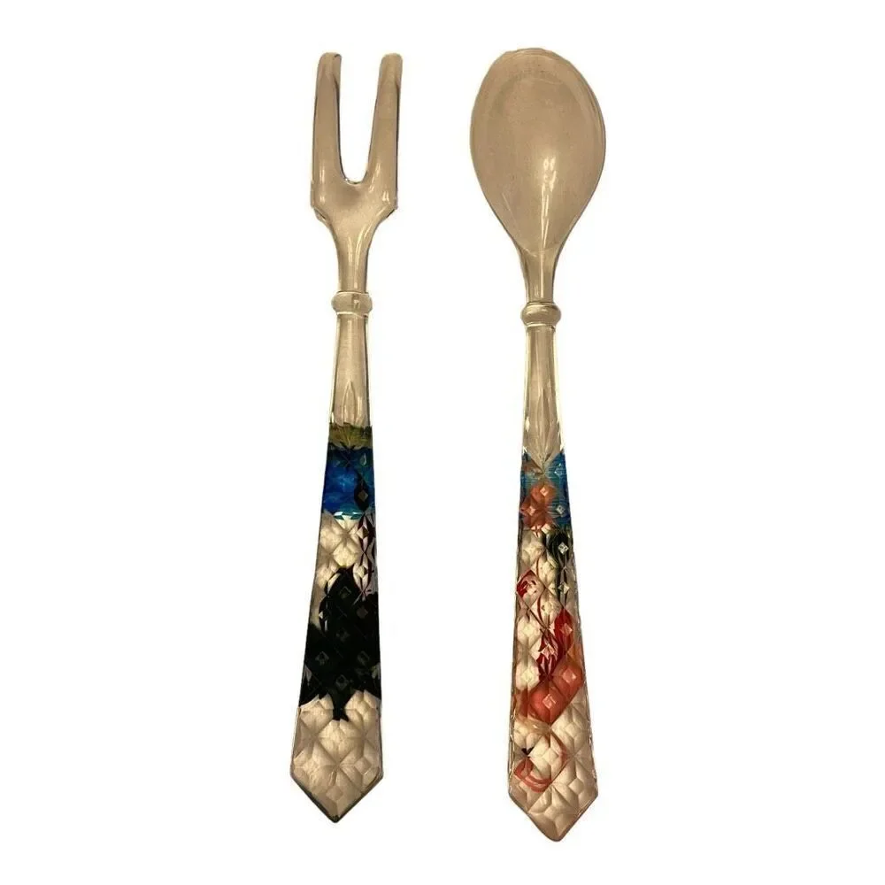 Hand painted Flamingo and Palm Tree Lucite Salad Servers
